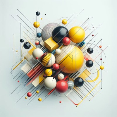 Colorful spheres and geometric shapes float in space