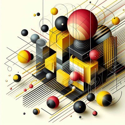 Digital art of yellow, red, and black shapes
