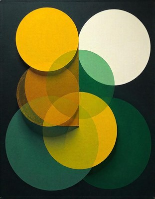 Abstract painting of overlapping green and yellow circles