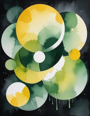 Watercolor circles in green and yellow on black