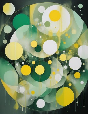 Yellow, green, and white circles on black canvas
