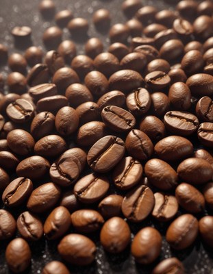 Roasted coffee beans are scattered on a dark surface