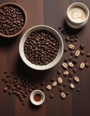 Coffee beans, grounds, and a cup of coffee on a wood table