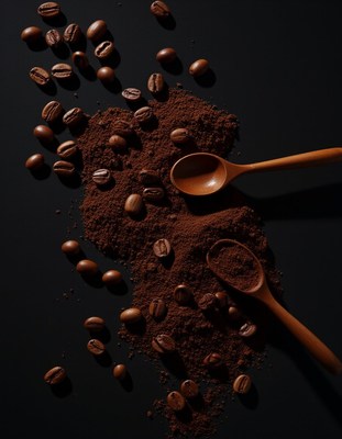 Coffee beans and grounds on a dark surface