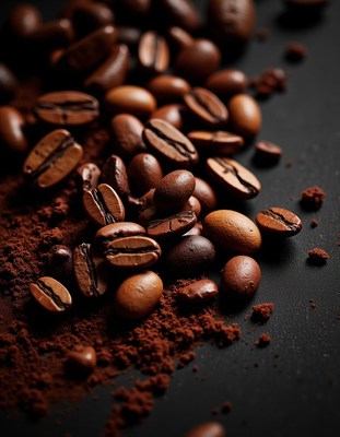 Roasted coffee beans and grounds on a black surface
