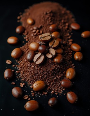 Coffee beans and grounds on a black surface