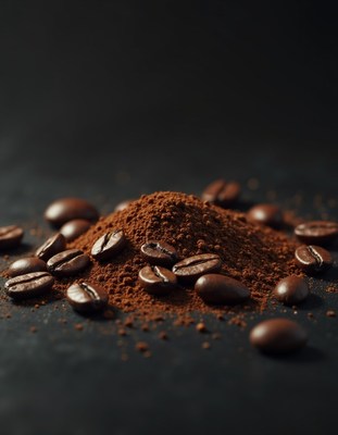 Ground coffee beans on a black surface