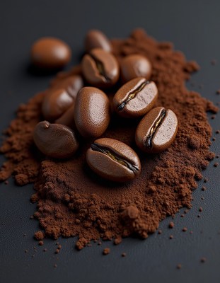 Coffee beans on a bed of ground coffee