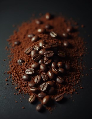 Roasted coffee beans and ground coffee on a black surface