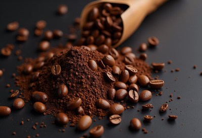 Ground and whole coffee beans on black background