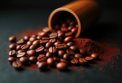Coffee beans spilled from a wooden cup
