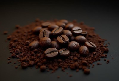 Coffee beans on a bed of ground coffee