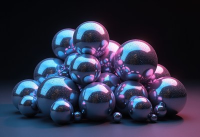 Shiny, metallic spheres reflect light in a dark space