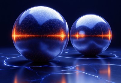 Two blue orbs with glowing orange lines intersect