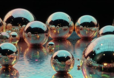 Shiny spheres sit on a reflective surface