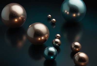 Shiny, metallic spheres rest on a dark blue surface