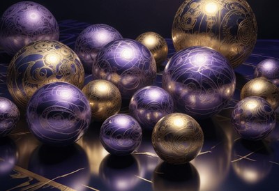 Shiny purple and gold orbs on a table