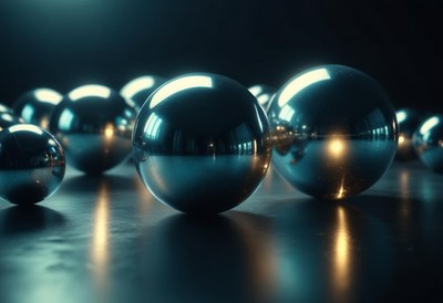 Shiny metal spheres reflect light on a dark surface