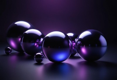 Shiny spheres reflect light in a dark room