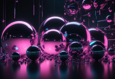 Shiny spheres reflect pink and blue lights