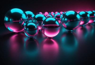 Shiny spheres illuminated by vibrant pink and blue lights