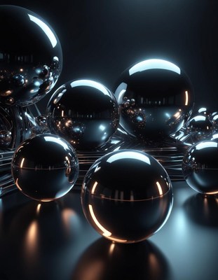 Shiny spheres sit on a dark surface