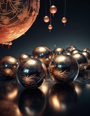Gold spheres dangle from the ceiling above the floor