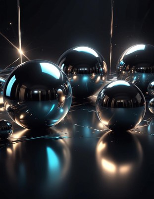 Shiny spheres reflect light on a dark surface