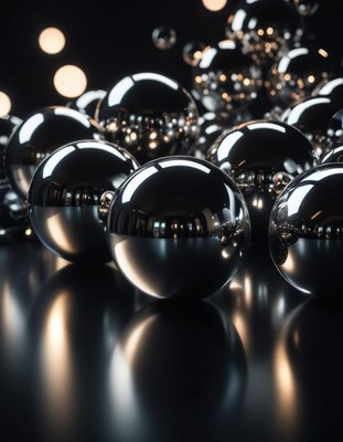 Shiny spheres reflecting light on a dark surface
