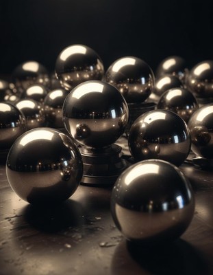 Shiny metal balls sit on a dark surface