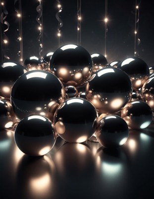 Shiny black spheres with warm lights above