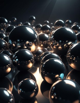 Shiny black spheres reflect light on a dark surface