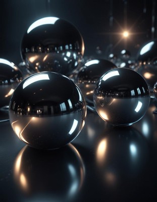 Shiny spheres reflect light in a dark room