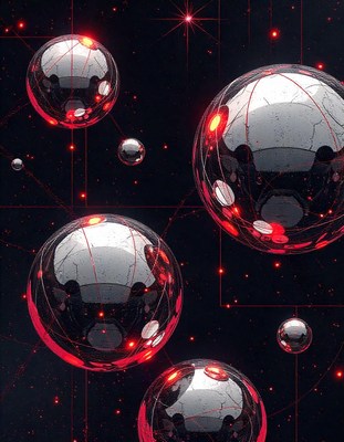 Red orbs float in a dark space with connecting lines