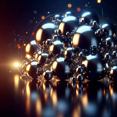 Shiny silver spheres cluster together on a dark background