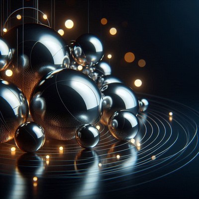 Shiny spheres on a dark background with glowing lights