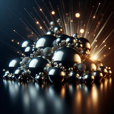 Shiny silver spheres gather around a burst of light