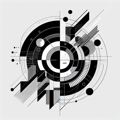 A black and white geometric design with circles and lines