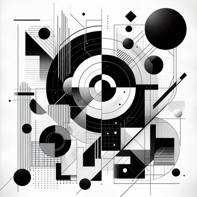 A black and white abstract design featuring geometric shapes