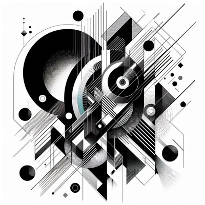 Abstract geometric art featuring circles, squares, and lines