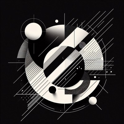 A black and white abstract design with geometric shapes