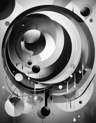 Black and white abstract art with drips and circles