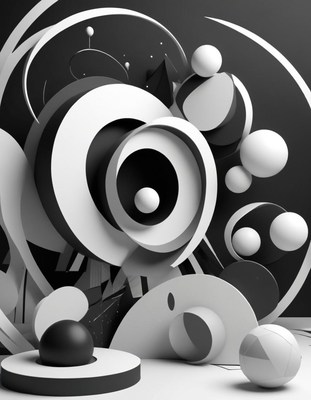 Black and white spheres and rings on dark backdrop