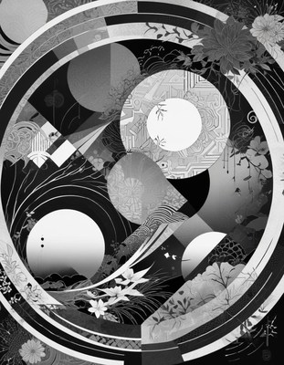 A black and white abstract design with circles and flowers