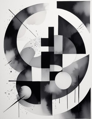 A black and white geometric watercolor painting
