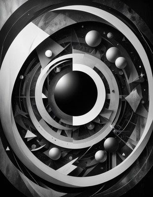 A black and white abstract art piece with circles and shapes
