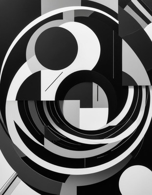 Black and white geometric shapes create an abstract design