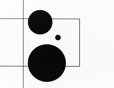 Three black circles and a square on white