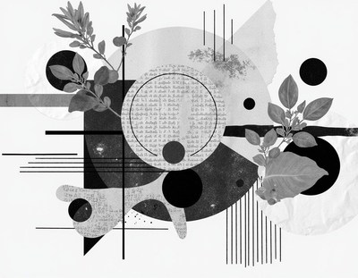 Black and white geometric art with leaves