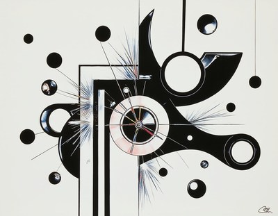 A black and white abstract art piece